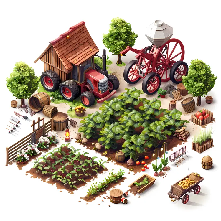 Farm with Crops and Red Tractor