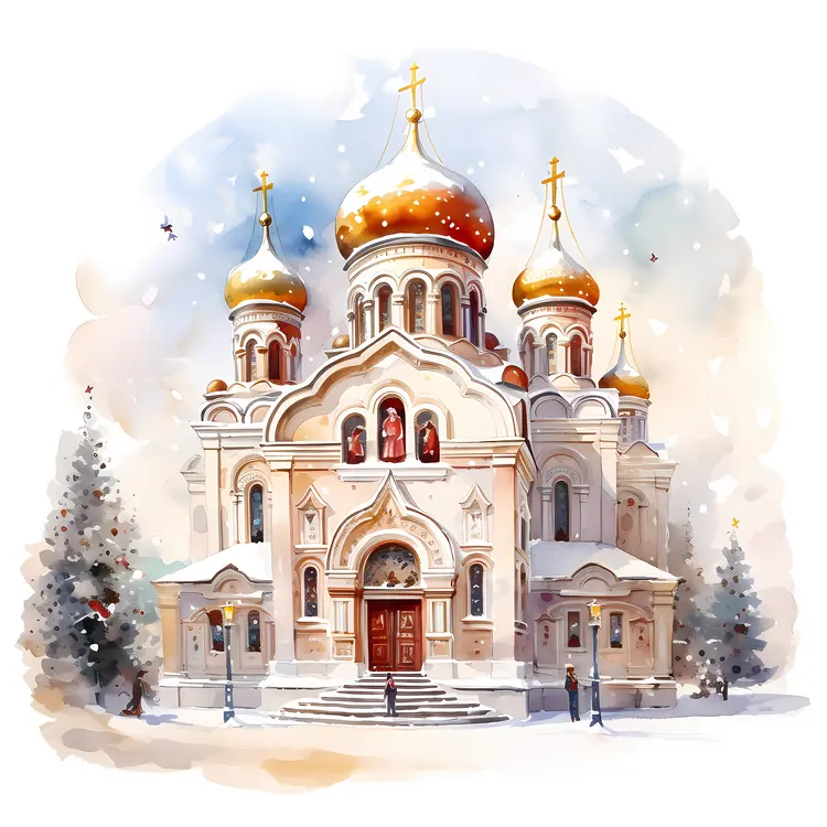 Snowy Church with Golden Domes