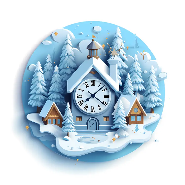 Snowy Clock House in Winter Forest