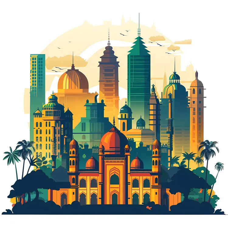 Tropical Cityscape with Palm Trees