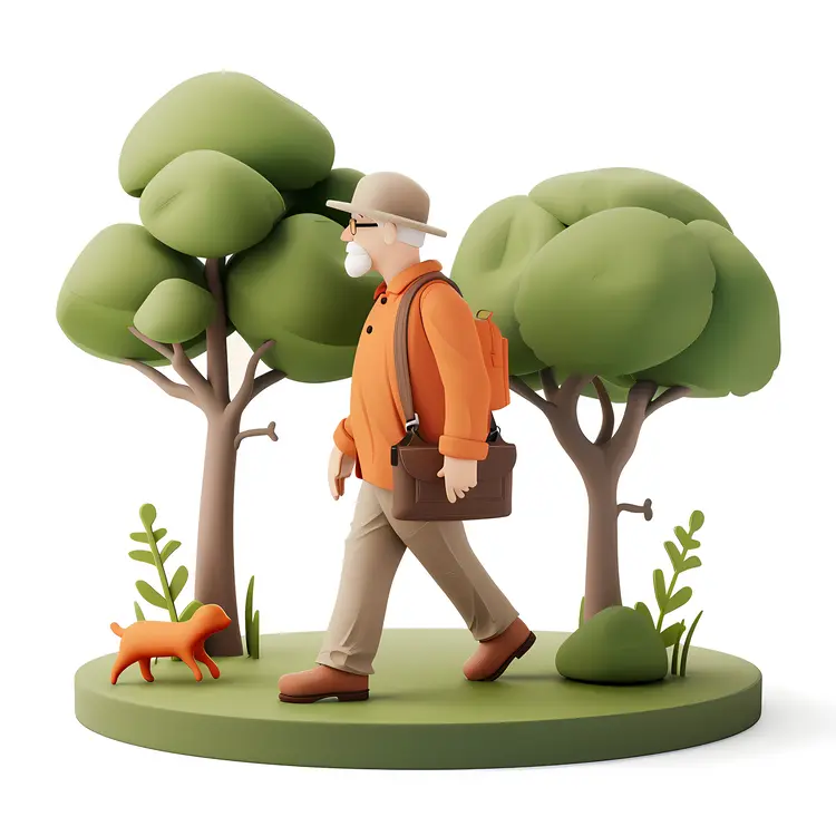 Old Man Walking with Dog in Nature