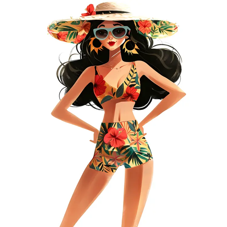Woman in Floral Bikini and Hat