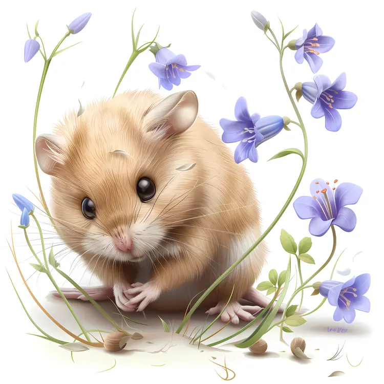 Cute Hamster with Blue Flowers