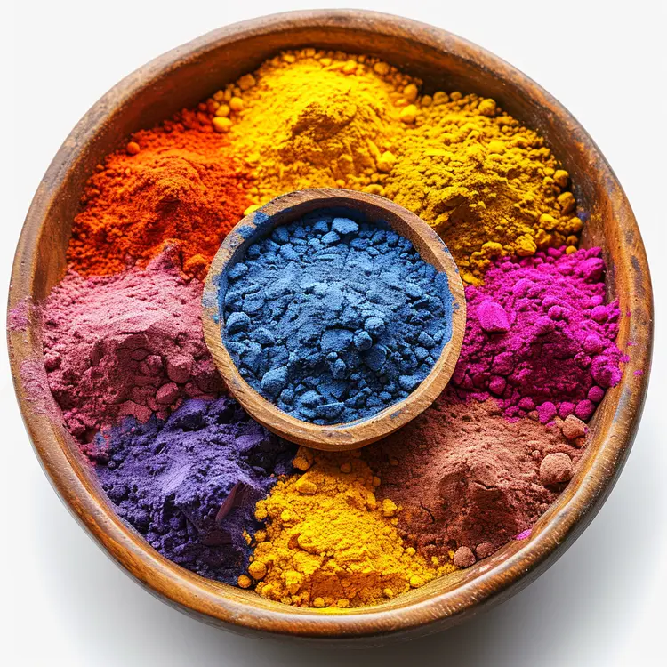 Colorful Pigments in Wooden Bowl