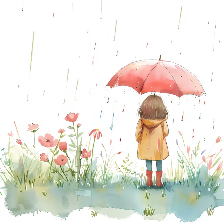 Child Holding Red Umbrella in Rainy Garden