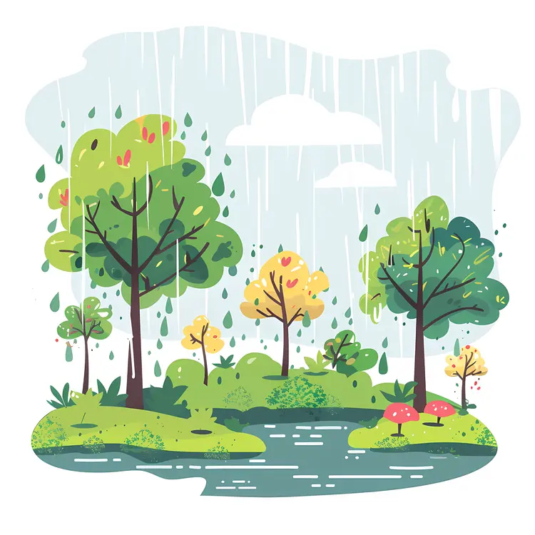 Rainy Day in a Forest with a Pond