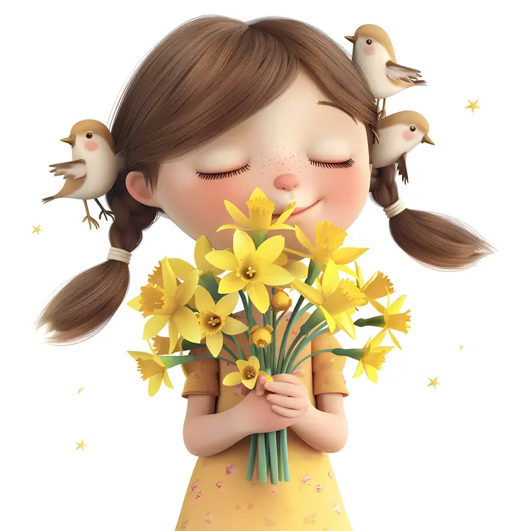 Girl Holding Daffodils with Birds