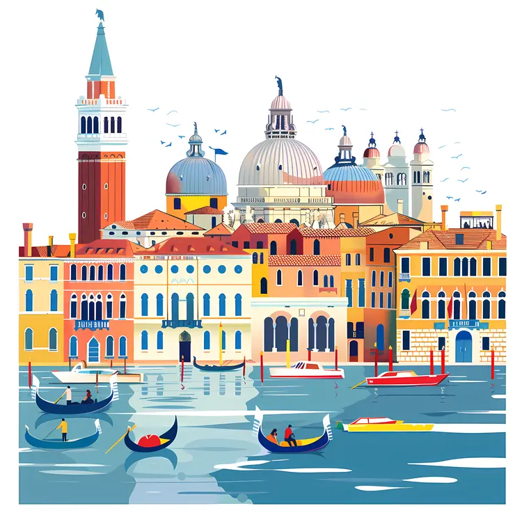 Colorful Venetian Gondolas and Buildings