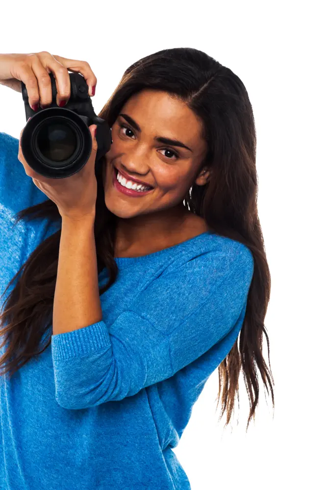 Photographer with Camera in Blue Sweater