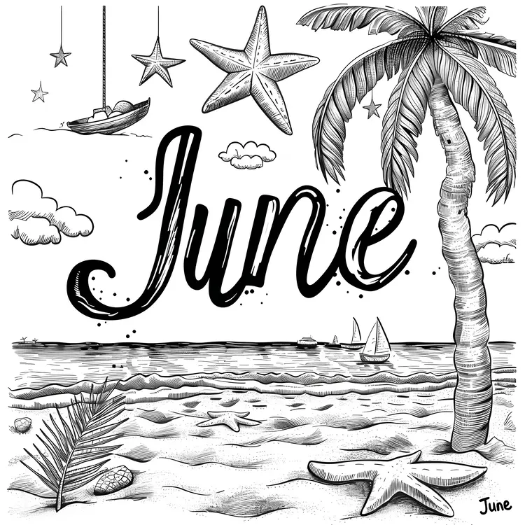 June Text with Beach and Palm Tree