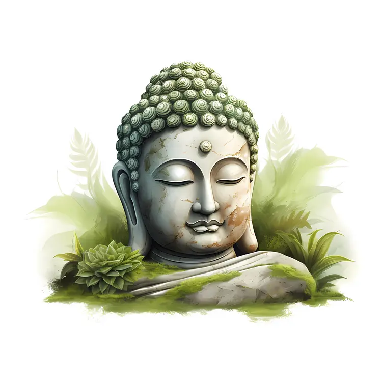 Serene Buddha Head Statue with Greenery