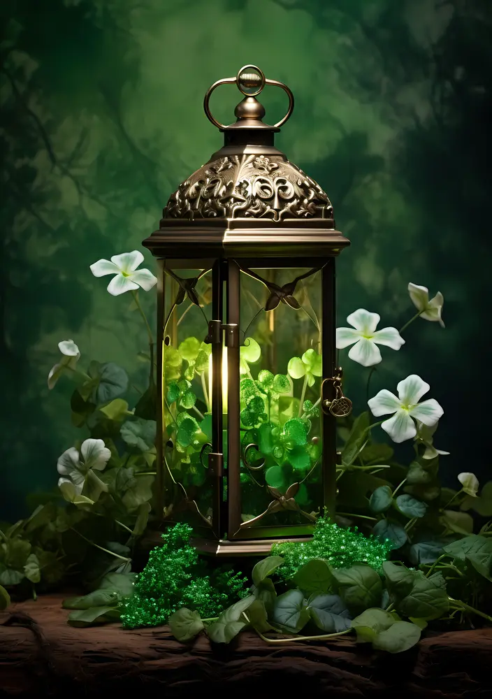 Ornate Lantern with Green Light and Flowers