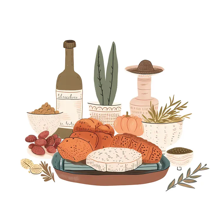 Matzo and Bread with Bottle and Herbs for Passover