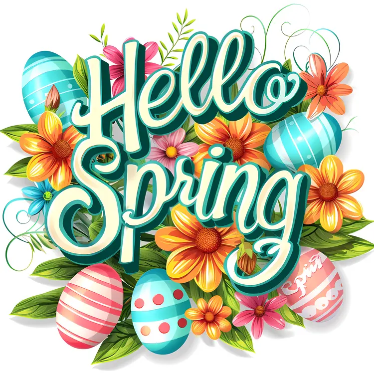Hello Spring with Colorful Flowers and Decorated Eggs