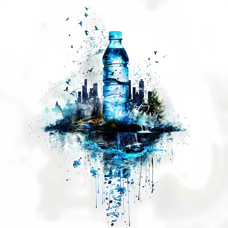 Water Bottle with Cityscape and Nature Illustration