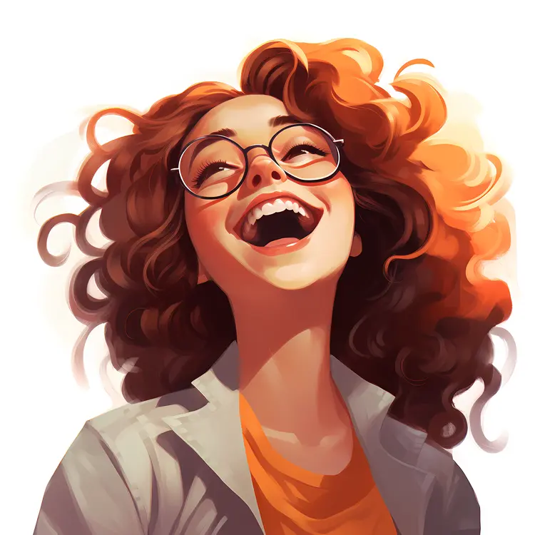 Laughing Woman with Curly Hair and Glasses in Artistic Style