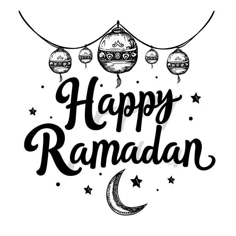 Happy Ramadan Text with Black and White Lanterns