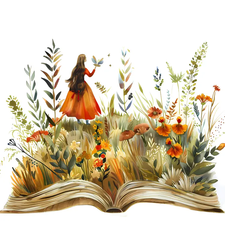 Girl with Butterfly in a Field of Flowers