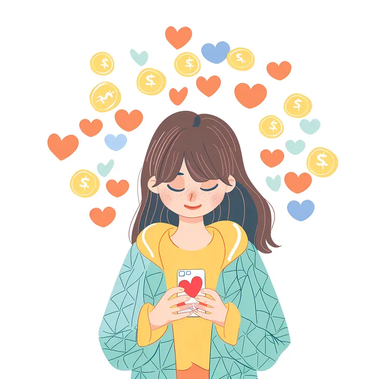 Cartoon Girl Texting with Emojis