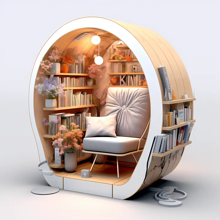Cozy Reading Nook with Bookshelf and Flowers