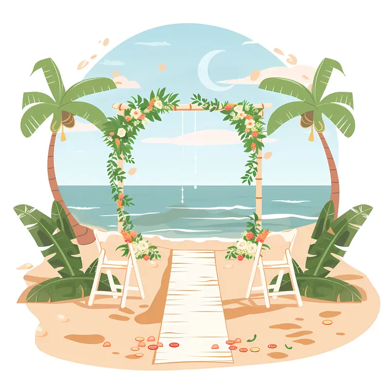 Cartoon Beach Wedding Arch with Chairs