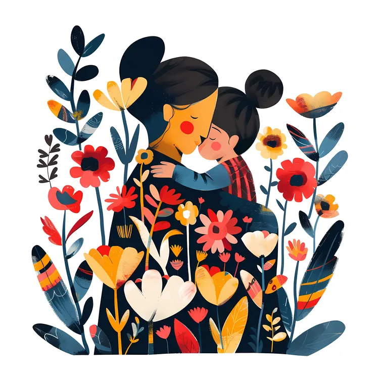 Mother and Child Cuddling Among Flowers