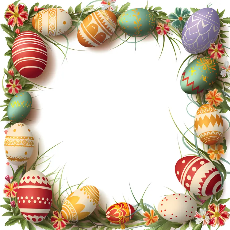 Colorful Easter Eggs with Floral and Grass Frame