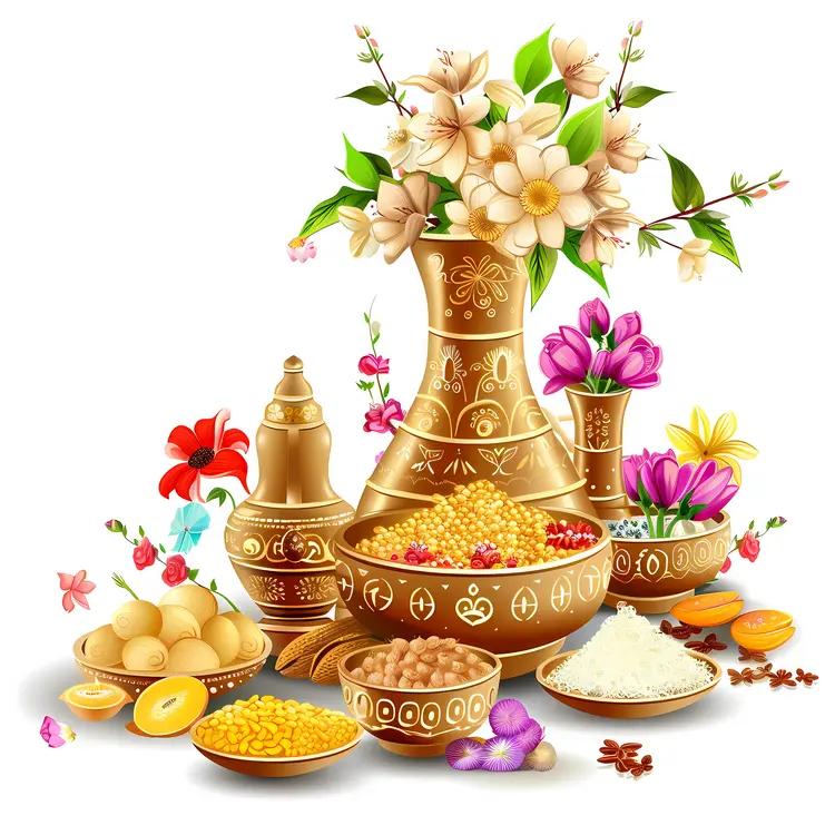 Golden Vases with Flowers and Grains