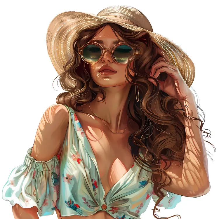 Woman in Summer Hat and Sunglasses