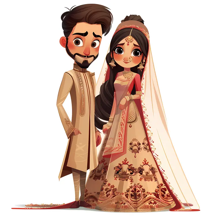 Cartoon Wedding Couple in Traditional Attire