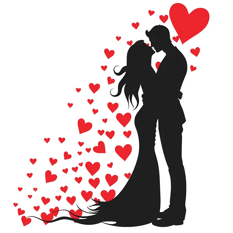 Silhouette of Romantic Couple with Hearts