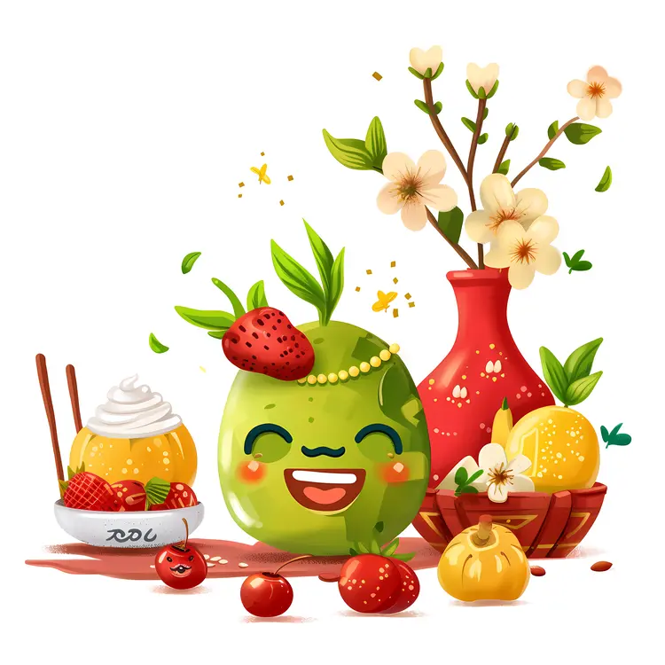 Smiling Fruit with Flowers and Dessert