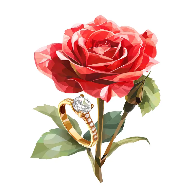 Red Rose with Diamond Ring Illustration