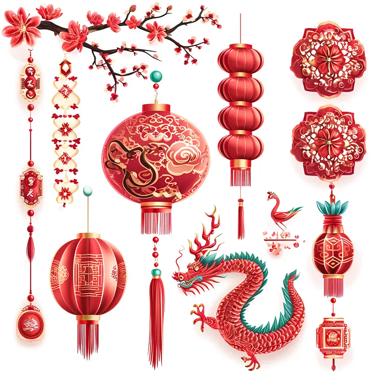 Chinese New Year Decorations with Red Lanterns and Dragon