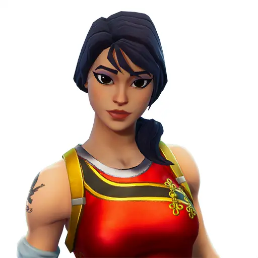 Female Character in Red Outfit with Dog Tags