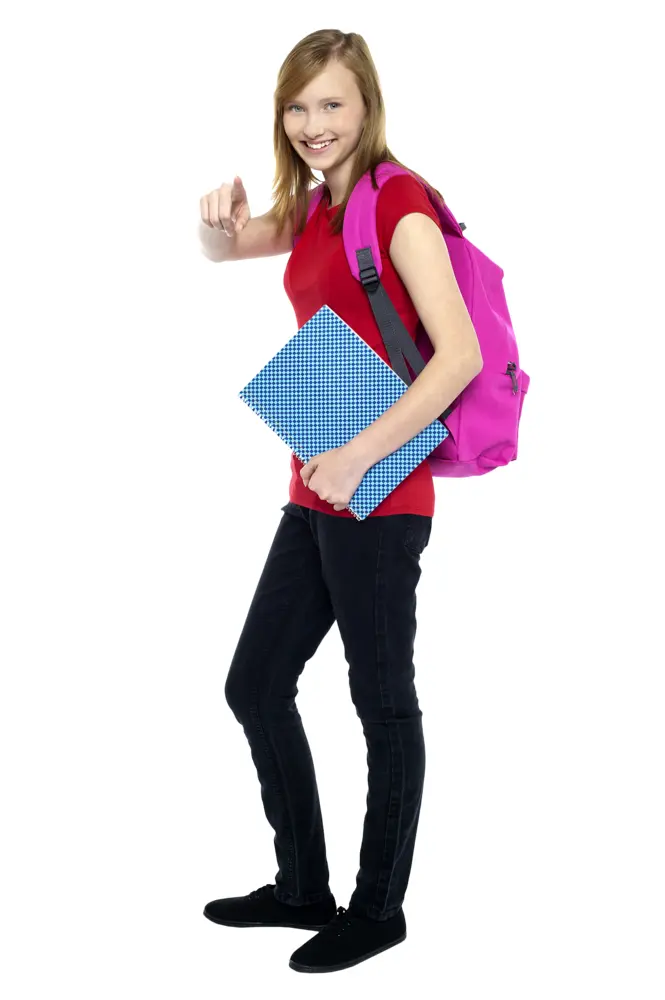 Student Girl with Pink Backpack and Notebook