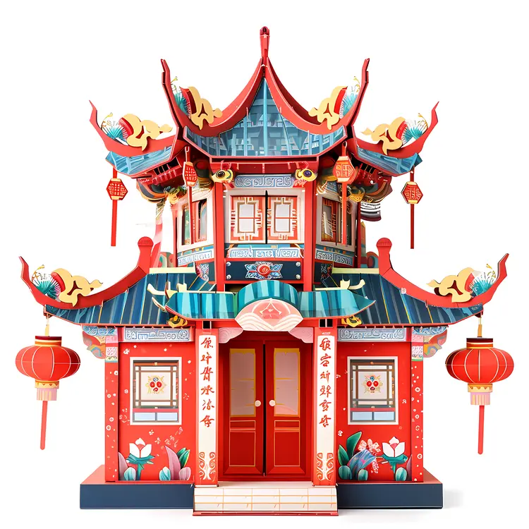 Traditional Chinese House with Red Lanterns