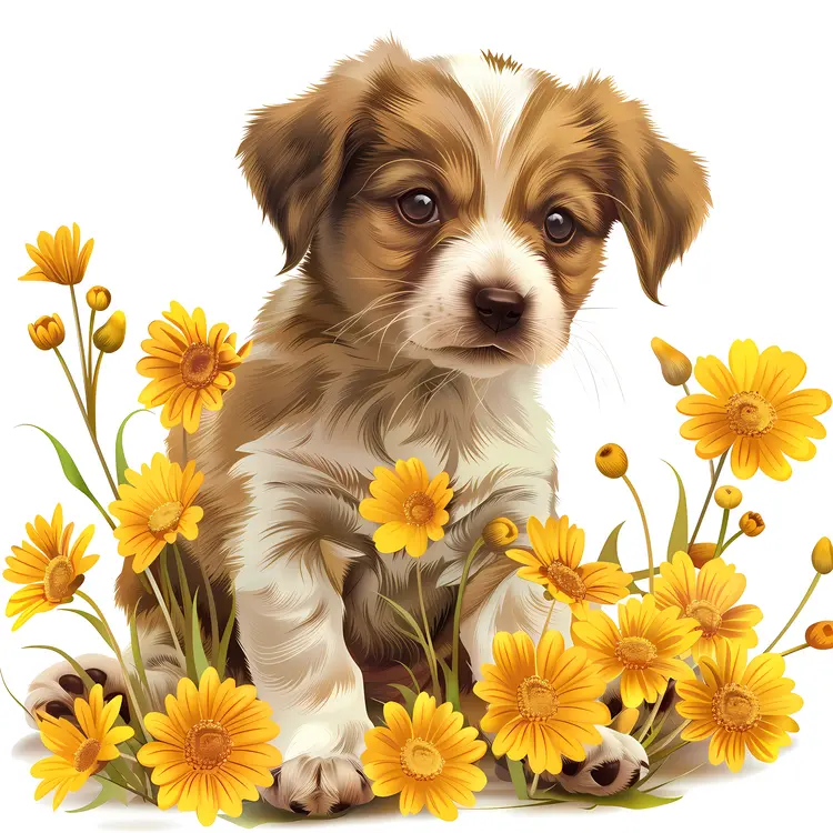 Puppy with Yellow Flowers