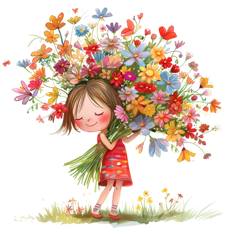 Smiling Girl with a Huge Bouquet of Colorful Flowers