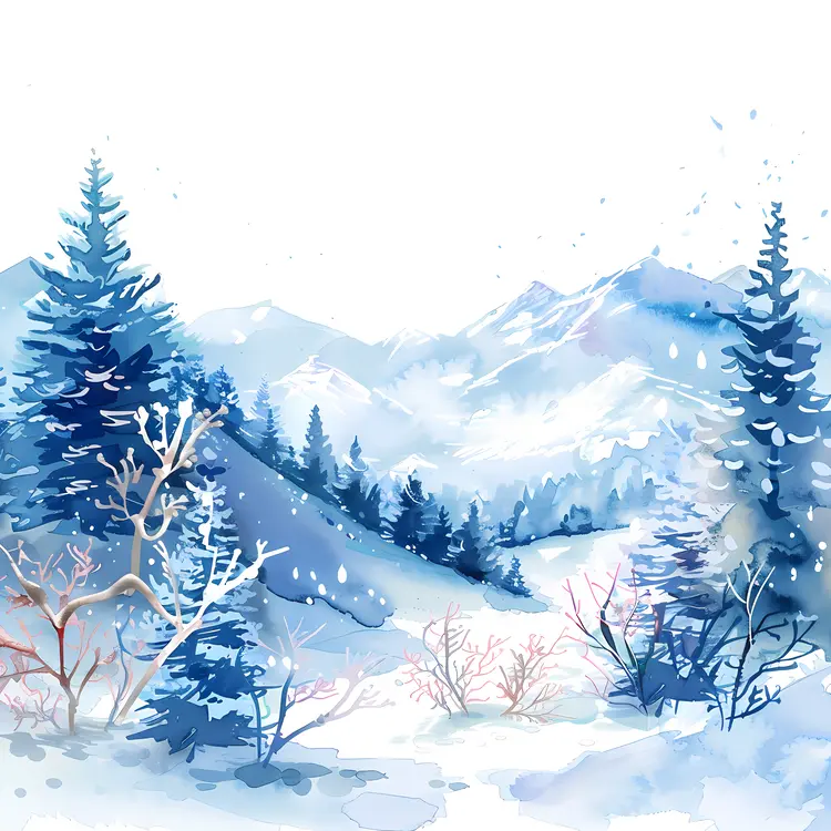 Snowy Winter Landscape with Mountains and Trees