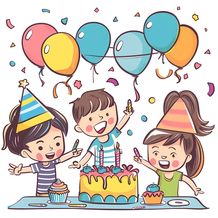 Kids Celebrating with Birthday Cake and Balloons