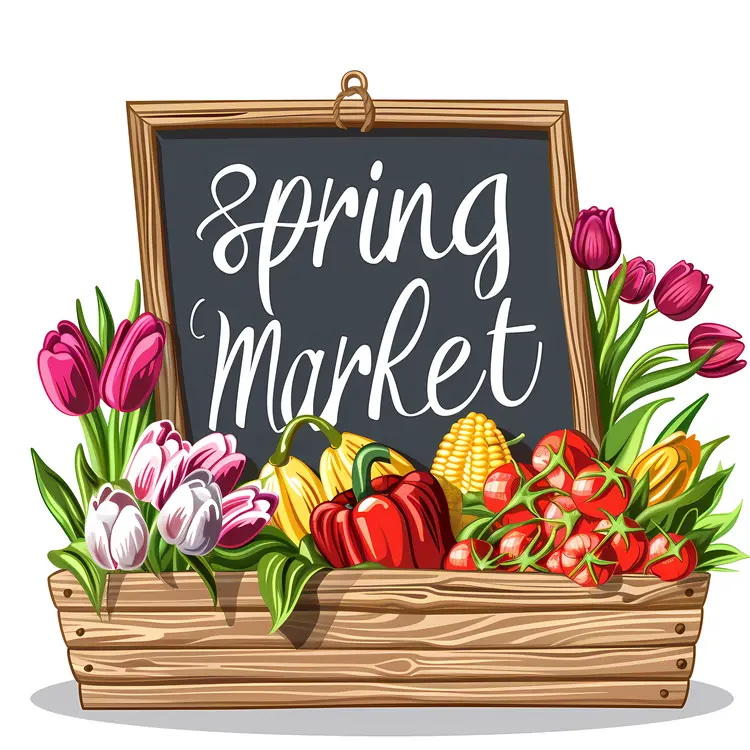 Spring Market Sign with Vegetables and Flowers
