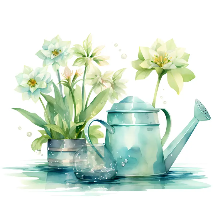 Watering Can with White Flowers and Green Leaves
