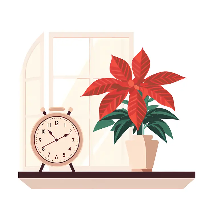 Poinsettia and Clock by the Window