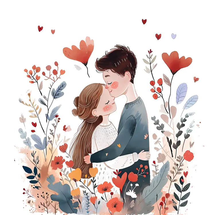 Couple Embracing with Hearts and Flowers
