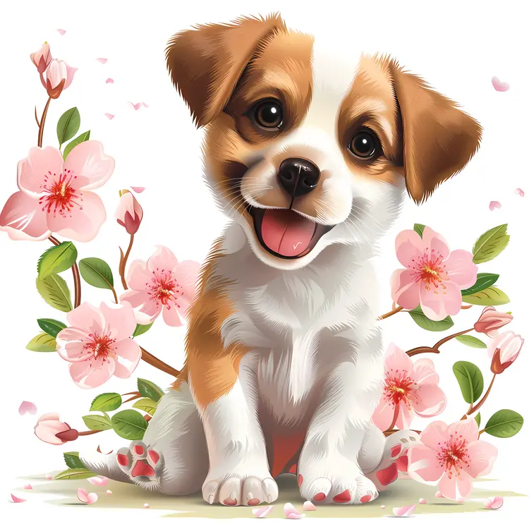 Happy Puppy with Cherry Blossoms
