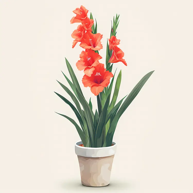 Red Gladiolus Flowers in a Beige Pot