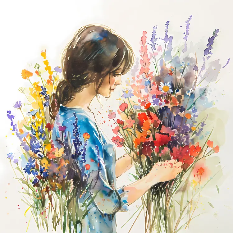 Girl Holding a Bouquet of Colorful Flowers