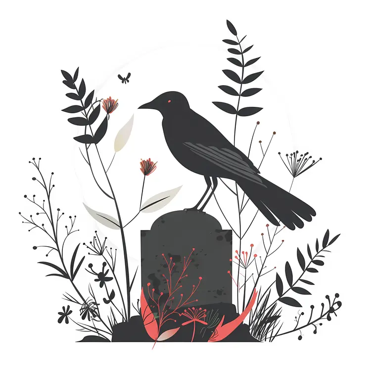 Gravestone with Crow and Flowers