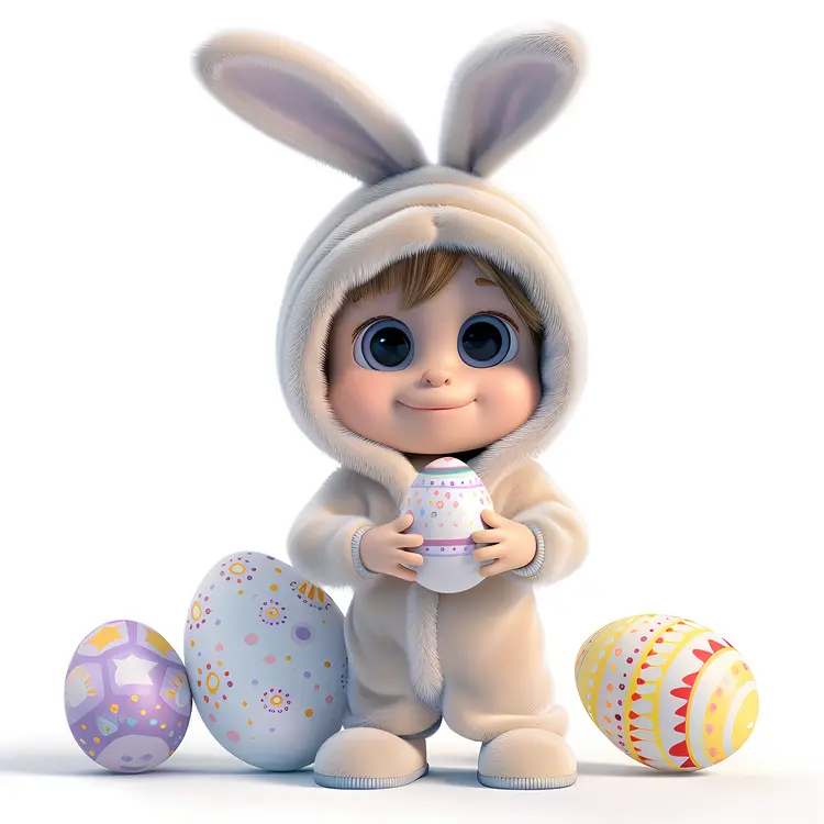 Cute Baby in Bunny Costume with Easter Eggs